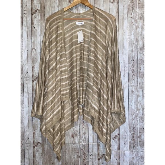 New Calvin Klein Open Drape Shawl Cardigan Sweater Beige Gold Metallic One Size - Picture 1 of 13